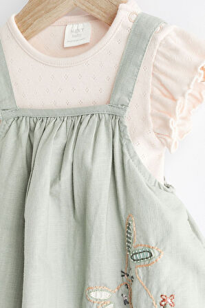 Next Baby % 100 Pamuklu Yeşil Çiçek İşlemeli Salopet Body Zıbın Set