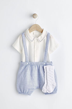 Next Baby Pamuklu Deniz Mavisi Smart Gömlek Salopet Set