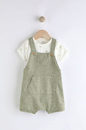 Next Baby Pamuklu Yeşil Çizgili Salopet Body Zıbın Set