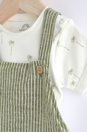 Next Baby Pamuklu Yeşil Çizgili Salopet Body Zıbın Set