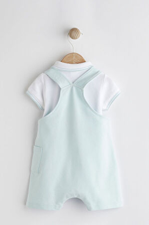 Next Baby % 100 Pamuklu Mavi Tekne Nakışlı Salopet Body Zıbın Set