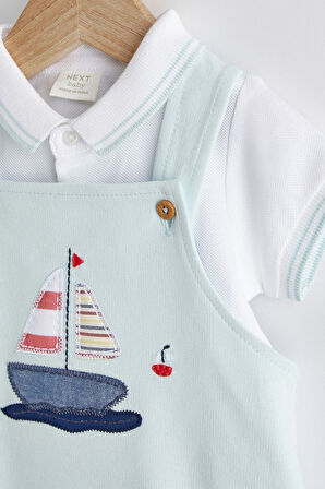Next Baby % 100 Pamuklu Mavi Tekne Nakışlı Salopet Body Zıbın Set