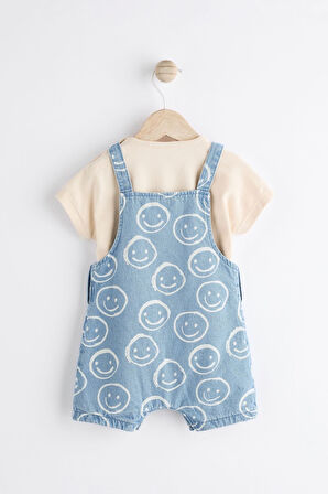 Next Baby Pamuklu Mavi Denim Gülen Yüz Desenli Salopet Set