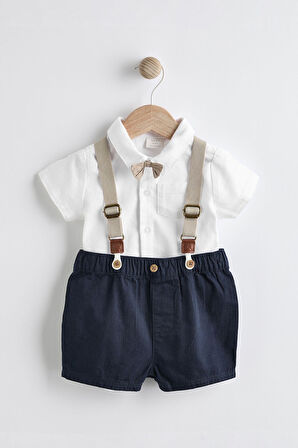 Next Baby % 100 Pamuklu Lacivert Smart Gömlek Papyon Askı Şort 4’lü Set