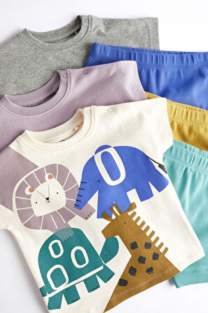 Next Baby % 100 Pamuklu Mavi Fil Desenli 3’lü Şortlu Alt Üst Takım