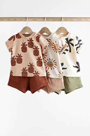 Next Baby Pamuklu Kahve Haki Ananas Desenli Kısa Kollu Şortlu 3’lü Alt Üst Takım