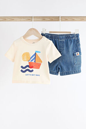 Next Baby % 100 Pamuklu Krem Tekne Baskılı Kısa Kollu Tshirt Denim Şort Alt Üst Takım