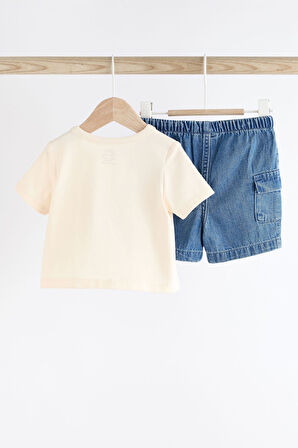 Next Baby % 100 Pamuklu Krem Tekne Baskılı Kısa Kollu Tshirt Denim Şort Alt Üst Takım