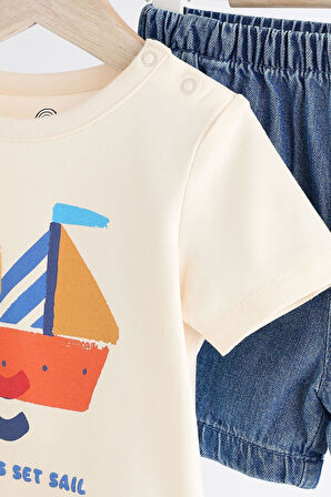 Next Baby % 100 Pamuklu Krem Tekne Baskılı Kısa Kollu Tshirt Denim Şort Alt Üst Takım