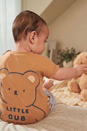 Next Baby Pamuklu Kahverengi Ayıcık Desenli Kısa Kollu Şortlu Alt Üst Takım