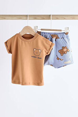 Next Baby Pamuklu Kahverengi Ayıcık Desenli Kısa Kollu Şortlu Alt Üst Takım
