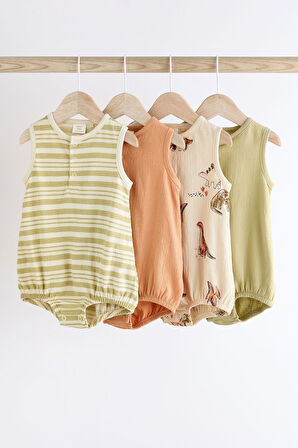 Next Baby % 100 Pamuklu Yeşil Dinazor Desenli 4’lü Romper Set
