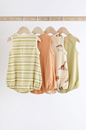 Next Baby % 100 Pamuklu Yeşil Dinazor Desenli 4’lü Romper Set