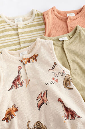 Next Baby % 100 Pamuklu Yeşil Dinazor Desenli 4’lü Romper Set
