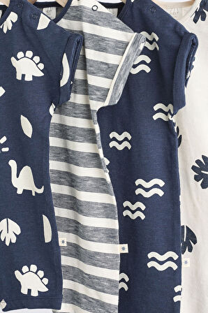 Next Baby % 100 Pamuklu Lacivert Dinazor Desenli 3’lü Romper Set