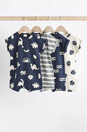 Next Baby % 100 Pamuklu Lacivert Dinazor Desenli 3’lü Romper Set