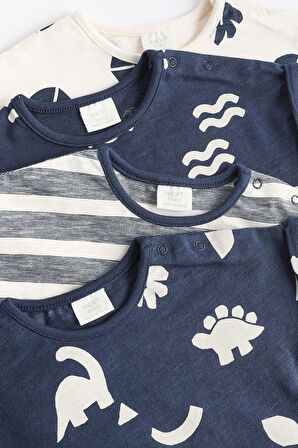 Next Baby % 100 Pamuklu Lacivert Dinazor Desenli 3’lü Romper Set