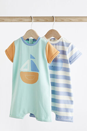 Next Baby Pamuklu Mavi Gemi Desenli 2’li Romper Set