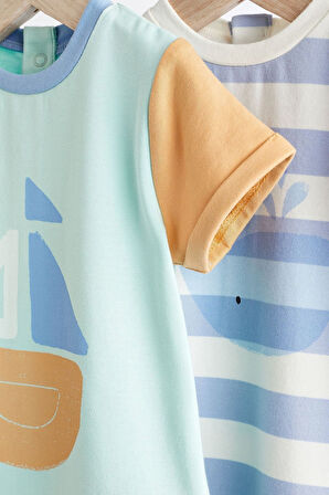 Next Baby Pamuklu Mavi Gemi Desenli 2’li Romper Set