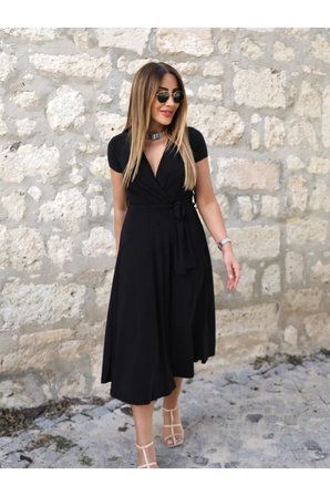Sandy Kumaş Midi Elbise-Siyah - L