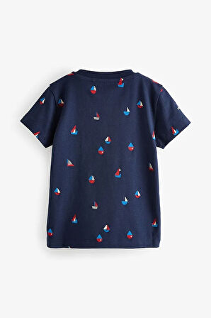 % 100 Pamuklu Mavi Yelken Desenli Kısa Kollu 4’lü Tshirt Set