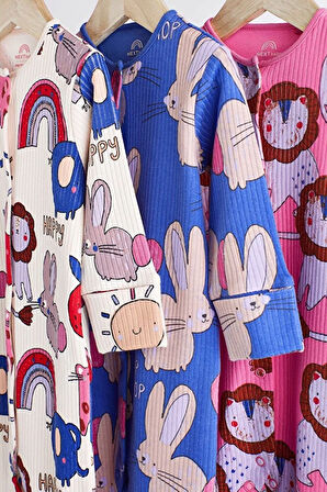 Pembe Tavşan Desenli 3’lü Tulum Set Unisex