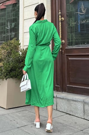 Yeşil Kuşaklı Viskon Gömlek Elbise