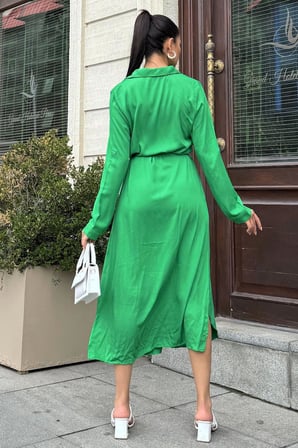 Yeşil Kuşaklı Viskon Gömlek Elbise