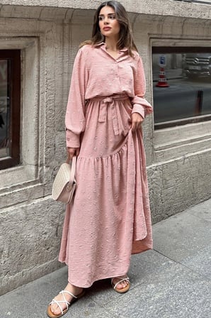 Kadın Pudra Dokulu Kumaş, Beli Kuşaklı, Balon Kol, A Kesim, Vintage Maksi Elbise - Tesettüre Uygun