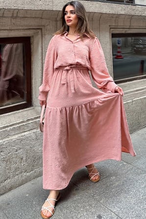 Kadın Pudra Dokulu Kumaş, Beli Kuşaklı, Balon Kol, A Kesim, Vintage Maksi Elbise - Tesettüre Uygun