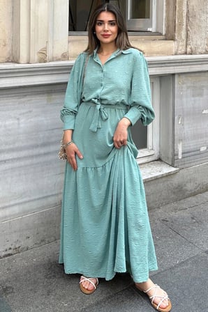 Kadın Mint Dokulu Kumaş, Beli Kuşaklı, Balon Kol, A Kesim, Vintage Maksi Elbise - Tesettüre Uygun