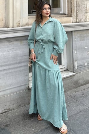 Kadın Mint Dokulu Kumaş, Beli Kuşaklı, Balon Kol, A Kesim, Vintage Maksi Elbise - Tesettüre Uygun