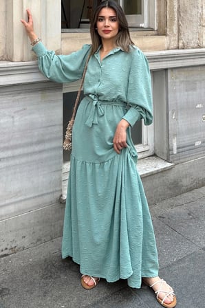 Kadın Mint Dokulu Kumaş, Beli Kuşaklı, Balon Kol, A Kesim, Vintage Maksi Elbise - Tesettüre Uygun