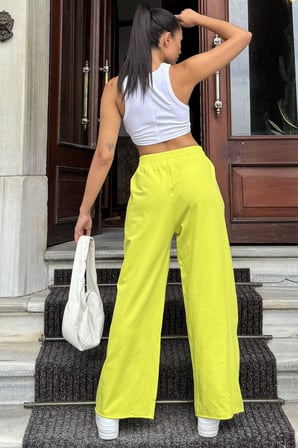 Kadın Yağ Yeşili Beli Lastikli, Cepli, Bol Paça, Salaş Pantolon