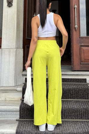 Kadın Yağ Yeşili Beli Lastikli, Cepli, Bol Paça, Salaş Pantolon