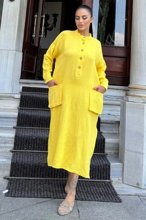 Kadın Sarı Oversize, Rahat Kesim, Cepli, Uzun Müslin Elbise