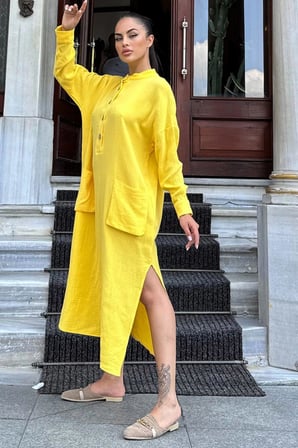 Kadın Sarı Oversize, Rahat Kesim, Cepli, Uzun Müslin Elbise
