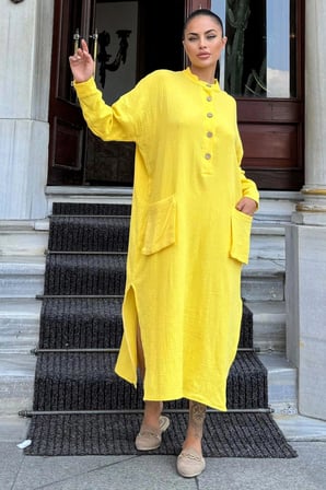 Kadın Sarı Oversize, Rahat Kesim, Cepli, Uzun Müslin Elbise