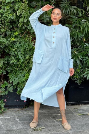 Kadın Bebe Mavi Oversize, Rahat Kesim, Cepli, Uzun Müslin Elbise