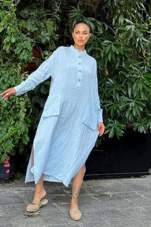 Kadın Bebe Mavi Oversize, Rahat Kesim, Cepli, Uzun Müslin Elbise