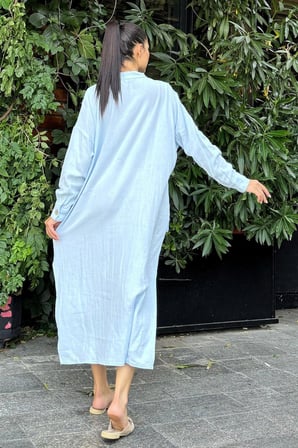 Kadın Bebe Mavi Oversize, Rahat Kesim, Cepli, Uzun Müslin Elbise