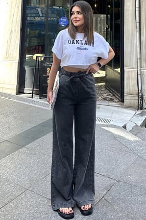 Kadın Siyah Beli Lastikli, Bagcıklı, Cepli, Bol Paça, Palazzo Kot Pantolon - Tesettüre Uygun