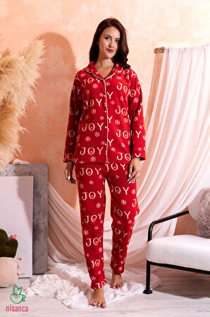 Kışlık Yılbaşı Desenli Kadın Gömlek Polar Pijama Takımı- Geyikli Yılbaşı Pijaması 