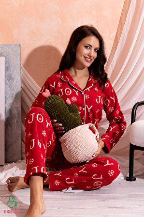 Kışlık Yılbaşı Desenli Kadın Gömlek Polar Pijama Takımı- Geyikli Yılbaşı Pijaması 