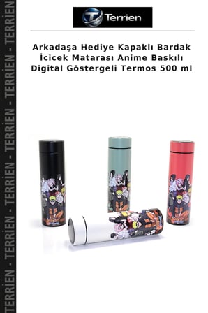 Arkadaşa Hediye Kapaklı Bardak İcicek Matarası Anime Baskılı Digital Göstergeli Termos 500 ml