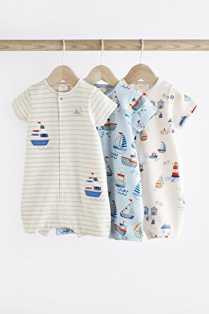 Next Baby 100 Pamuklu Beyaz Mavi Tekne Desenli 3’lü Romper Set