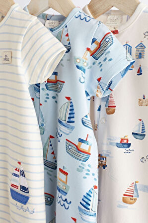 Next Baby 100 Pamuklu Beyaz Mavi Tekne Desenli 3’lü Romper Set