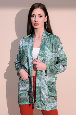 Kadın Yeşil Etnik Desen Yeni Moda Saten Çift Cepli Salaş Kimono Ceket - Tesettüre Uygun