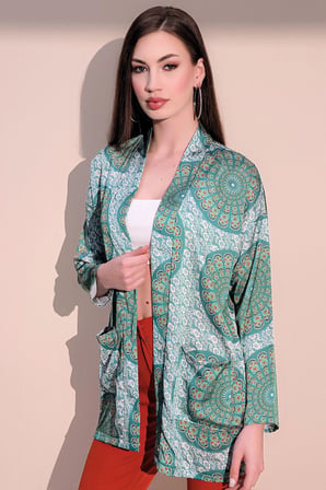 Kadın Yeşil Etnik Desen Yeni Moda Saten Çift Cepli Salaş Kimono Ceket - Tesettüre Uygun
