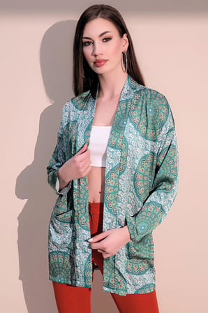 Kadın Yeşil Etnik Desen Yeni Moda Saten Çift Cepli Salaş Kimono Ceket - Tesettüre Uygun